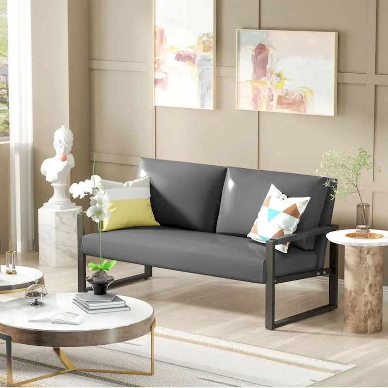 Mid-Century Style Faux Leather Loveseat Sofa with Steel Frame
