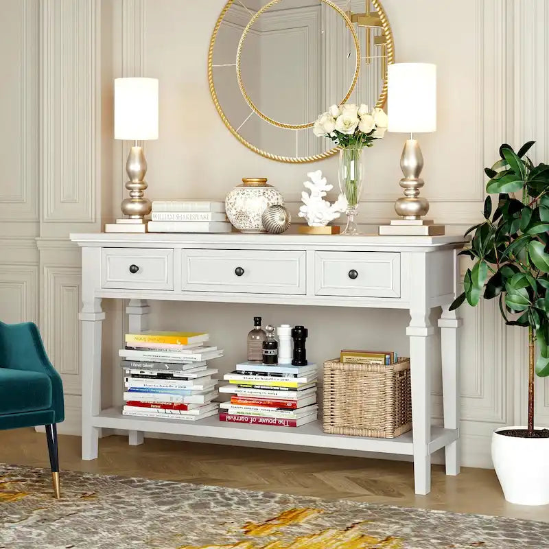 Retro Console Table with 3 Drawers and Bottom Shelf