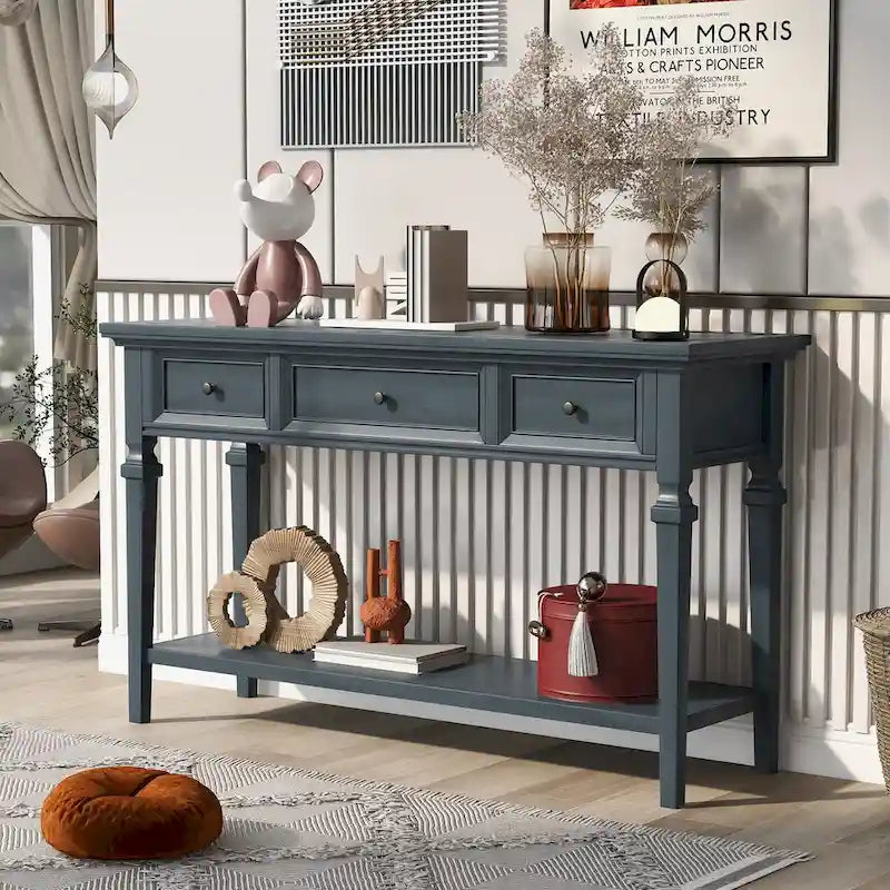 Retro Console Table with 3 Drawers and Bottom Shelf