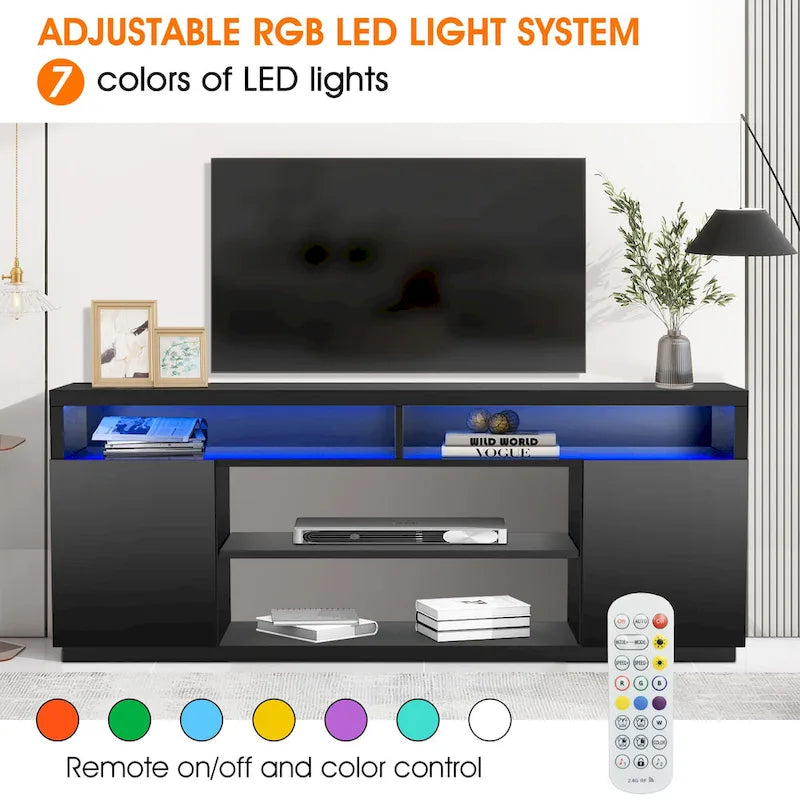 Moderní černý obdélníkový RGB LED TV stolek pod TV do 75" (68")