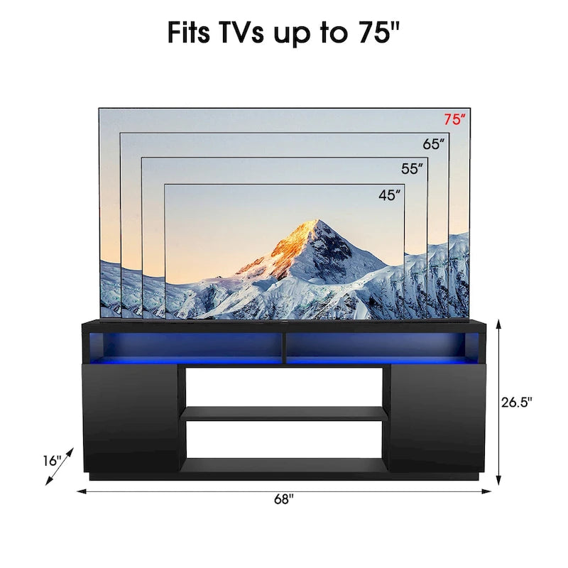 Moderní černý obdélníkový RGB LED TV stolek pod TV do 75" (68")
