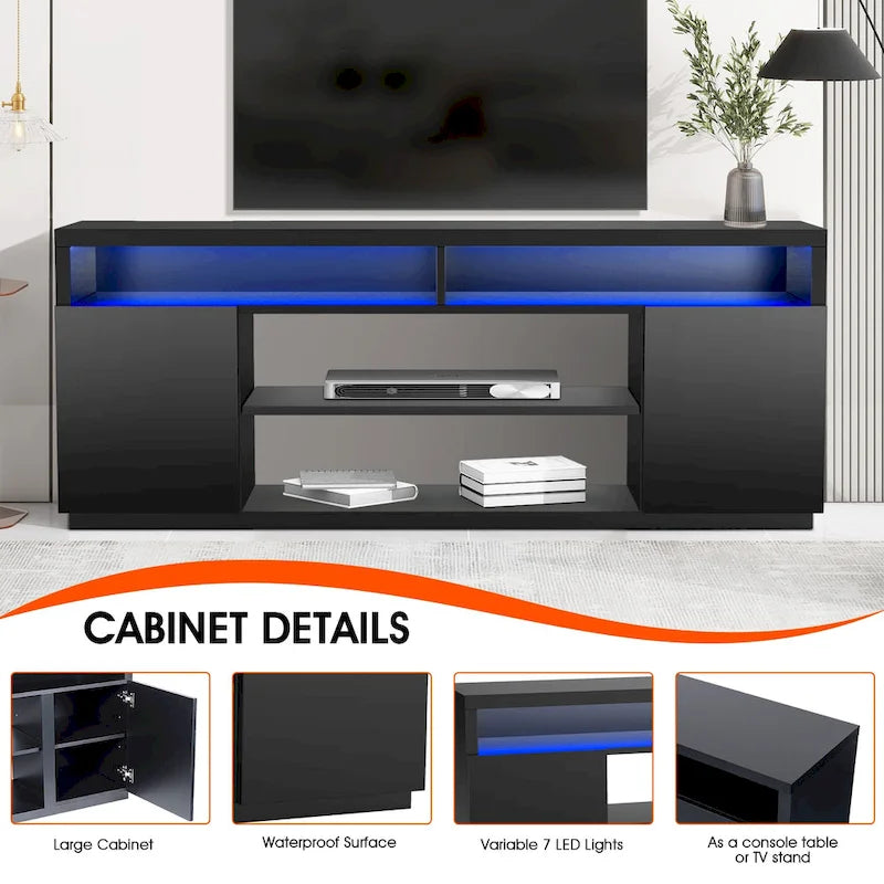 Moderní černý obdélníkový RGB LED TV stolek pod TV do 75" (68")